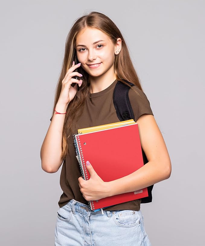 Dunwell Graph Paper Notebook 8.5 x 11 (Red) Plastic Cover, 100 Sheets (200 Pages), 4x4 Squares, 1 Subject Graph Paper Spiral Notebook, 1/4" Grid, Pocket Divider, Easy Tear-Off, 3-Hole Punched