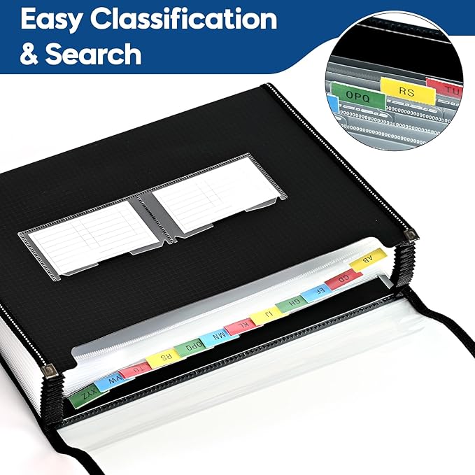 12-Pocket-Expanding File-Folder,Accordion-File-Organizer, A4/US Letter Size Paper Receipt Organizer Accordian Filing Folders (Black-T-12 Pockets)