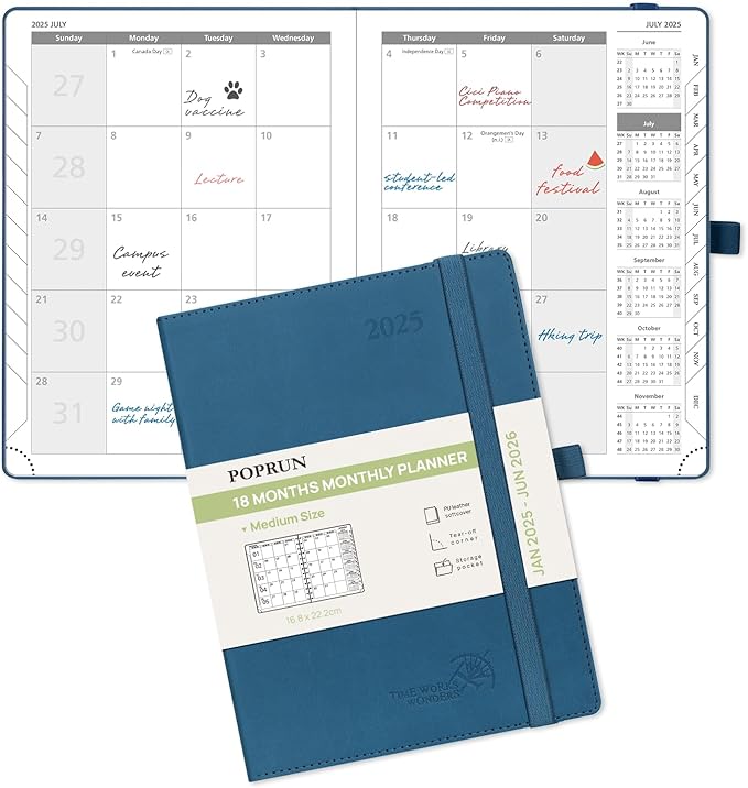 POPRUN Monthly Planner 2025-2026 (Medium- 6.5'' x 8.5'' Soft Cover), 18-Month Calendar Book (January 2025-June 2026), Calendar Planner with Monthly Tabs & Pocket, 100 GSM Paper - Night Sky Blue