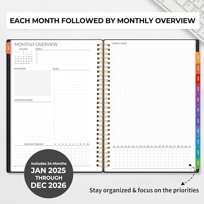 SUNEE 2-Year Monthly Planner 2025-2026 (Jan 2025 - Dec 2026) 7"x10" Monthly Spreads & Yearly Planner, Black