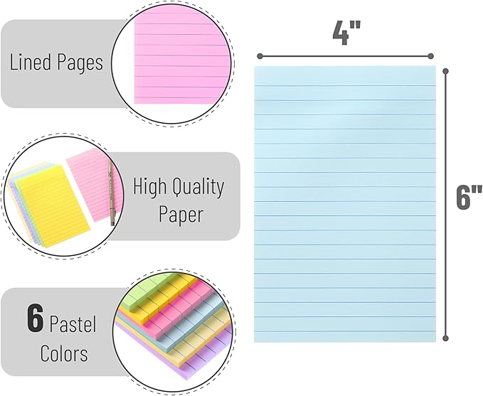 Mr. Pen Lined Sticky Notes - 4" x 6", 6 Pads, 60 Sheets, Pastel Colors