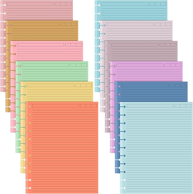 PerKoop 12 Pack 480 Sheets Colored Discbound Refill Paper 8.5 x 11 Inch College Ruled 11 Disc Letter Size Lined Paper Multicolored Refill Notebooks Disc Paper for Refill Paper Journaling(Candy Color)