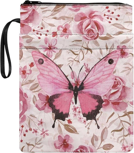 COEQINE Pink Butterfly Book Sleeve for Paperbacks Aesthetic Book Cover Portable Chain Front Pocket Keep Book Clean Washable