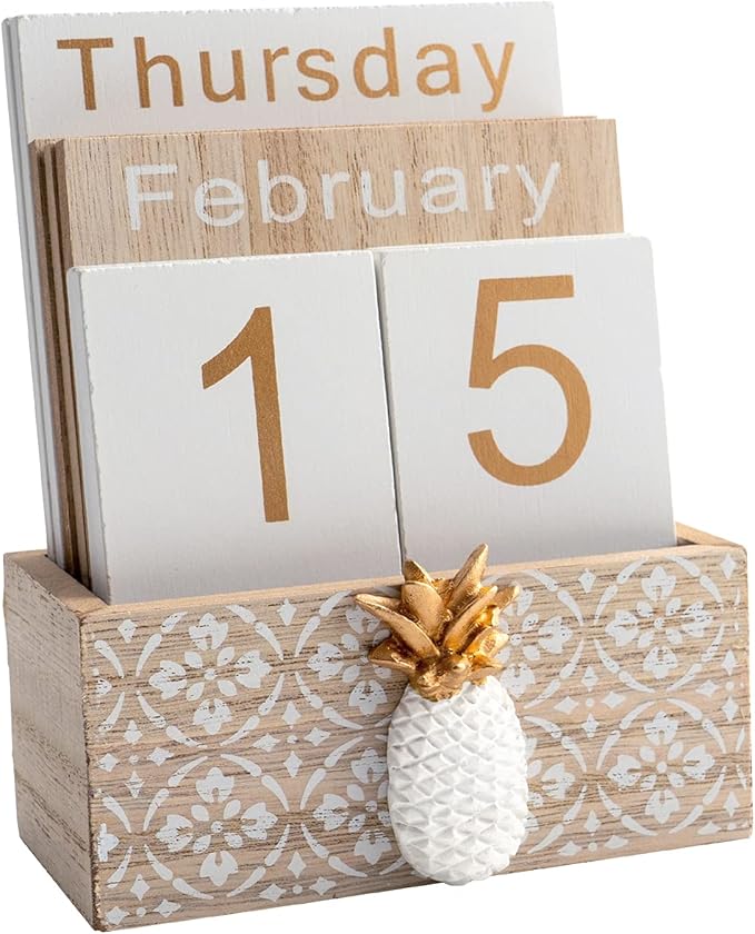 Notakia Vintage Wood Block Perpetual Calendar Month Week Date Display for Home Office Desk Rustic Decoration, Brown pineapple