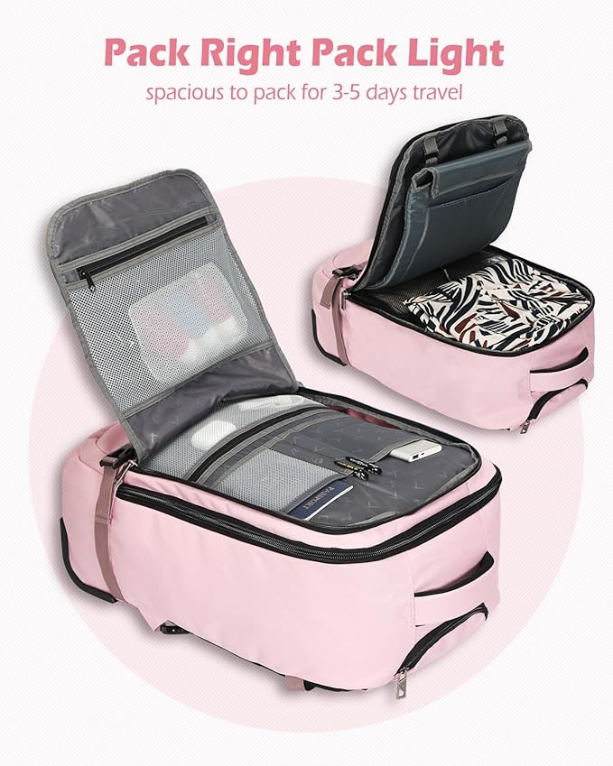 Hynes Eagle Rolling Backpack 42L Backpack with Wheels Airline Approved Carry on Luggage Laptop Travel Backpack for Women Men Pink
