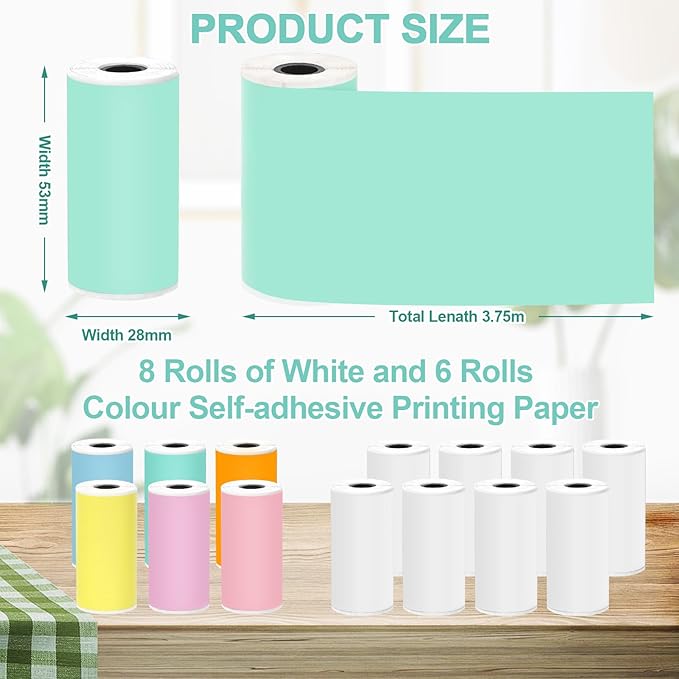 14 Rolls 53mmx28mm Thermal Printer Paper, Mini Colorful Self-adhesive Label Printer Paper for Phomemo Memoking Mini Printer, Small Printer T02/M02, Study Notes, Journal Photos (Multicolor)