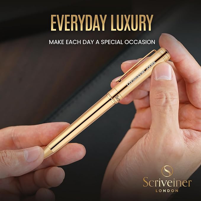 Scriveiner Personalized Gold Ballpoint Pen - Stunning Luxury Pen with 24K Gold Finish, Schmidt Ink Refill, Best Engraved Ball Point Gift Set for Men & Women, Custom Name Engraving
