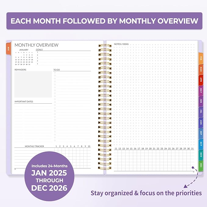 SUNEE 2025-2026 Monthly Planner - 24 Months (Jan 2025 - Dec 2026) Monthly Planner - 7"x10" Monthly Spreads & Yearly Planner, Purple