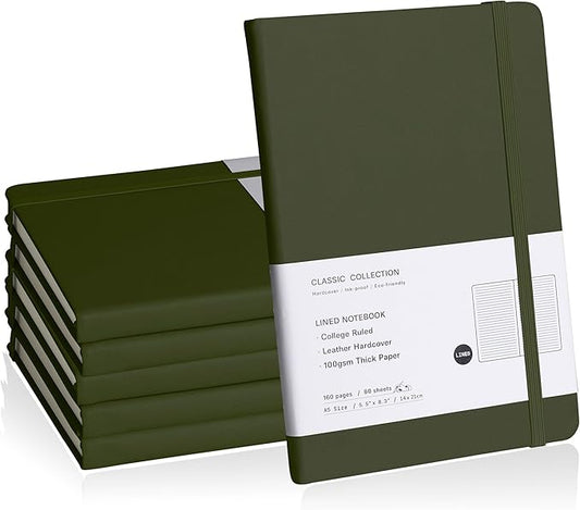 Lined Journal Notebook, 6Pack(Olive Green), 160 Pages, Medium 5.7 inches x 8 inches - 100 gsm Thick Paper, Hardcover