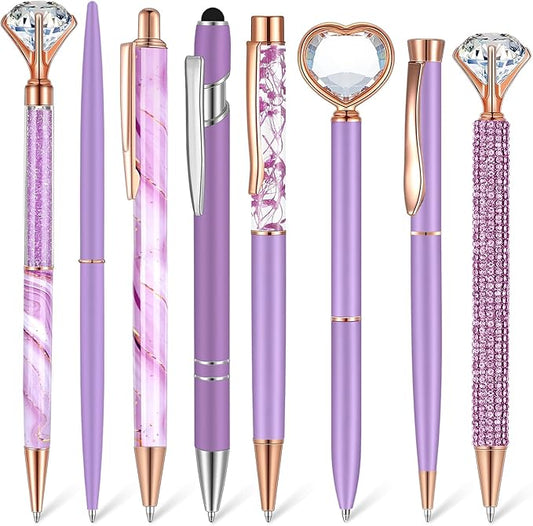 Supervitae 8 Pcs Ballpoint Pen for Women Fancy Gifts for Journaling Liquid Sand Glitter Black Ink Pens Bridal Shower Gifts for Wedding Women Office Desk School Stationery Supplies(Purple)