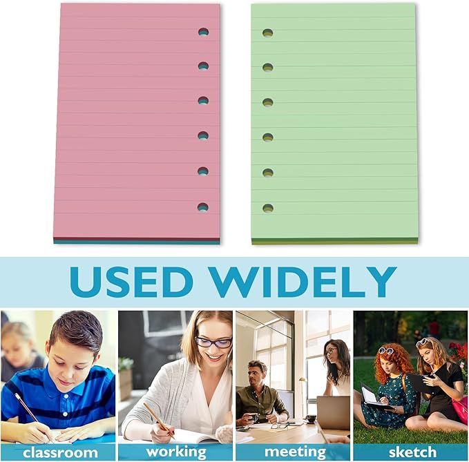 Ireer 200 Sheets Blank Lined Paper Refill for 3 x 5 Binders 6 Ring Memo Refill Paper Mini Ruled Filler Paper Books Planner Inserts Blank Lined Paper for Binder (Pink Blue Yellow Green)