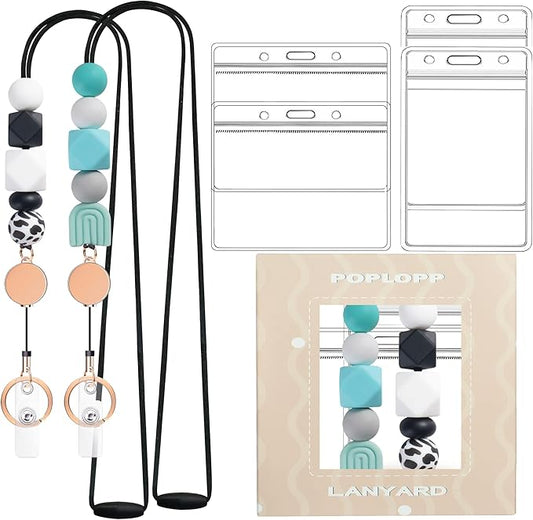 2PCS Retractable Lanyards for ID Badges and Keys, Cute Breakaway Teacher Lanyard with Badge Holders and Reels, Silicone Beaded Lanyard for Women, Nurses, Office with 4 Waterproof Card Holders