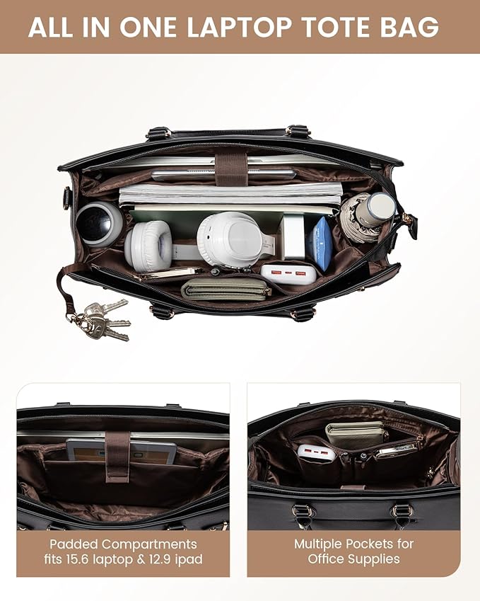 LOVEVOOK Laptop Bag for Women, 15.6 Inch Large PU Leather Tote Bag, Professional Teacher Work Bag, Waterproof Business Computer Briefcase, Shoulder Tote Purse for Office