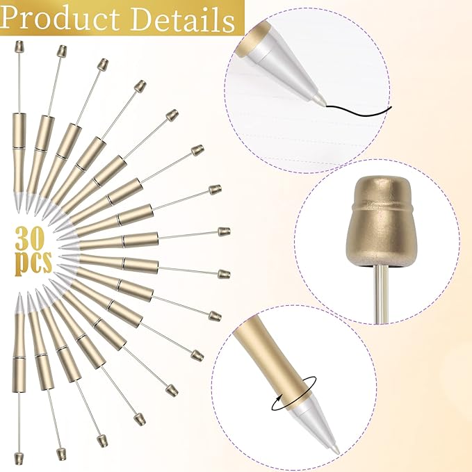 jiebor 30Pcs Gold Beadable Pens Plastic Bead Pen Black Ink Ballpoint Pens Diy Pens Cute Cool Pens for Teacher Bridal Graduation Gift Office Supplies