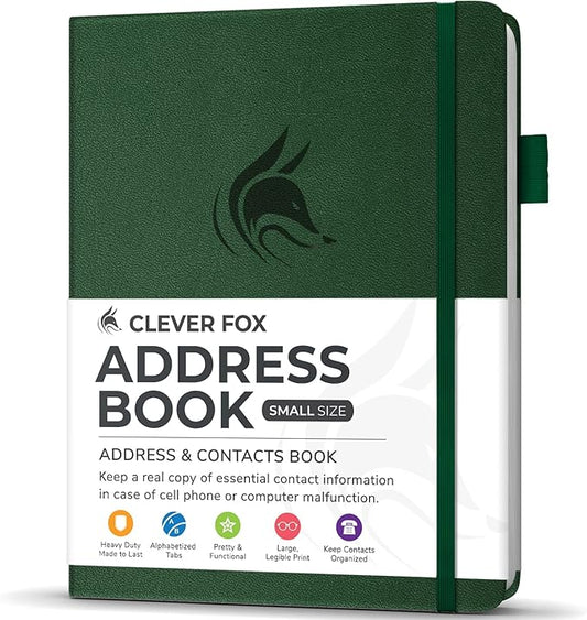 Clever Fox Address Book with alphabetic tabs - PU Leather Telephone and Address Book for Keeping Contacts Safe, Contact Organizer Journal, Small Size (4.0″ x 5.5″), Hardcover, Forest Green