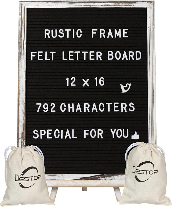 Felt Letter Board with Rustic Vintage Frame and Stand 12x16 inch,Black Changeable Letter and Message Board Includes 792 Letters, Numbers and Symbols, Hook to Hang, 2 Canvas Bags