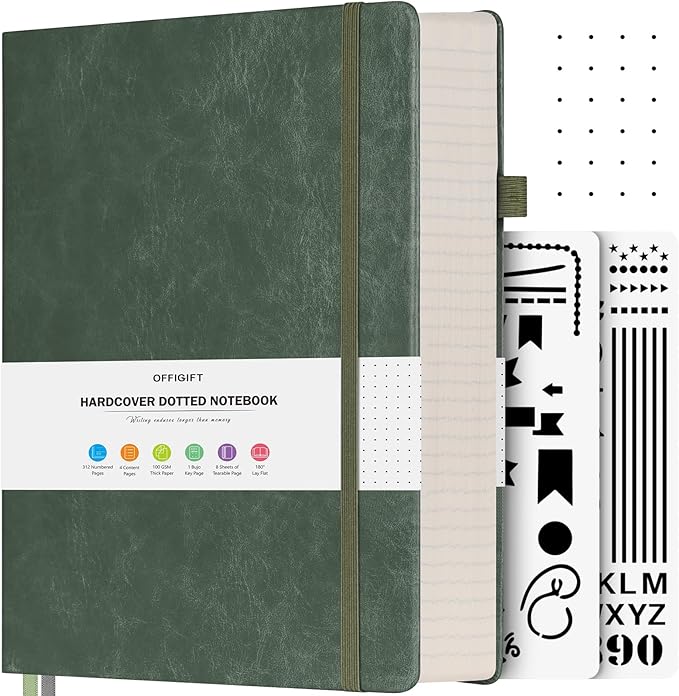 Dotted Journal Notebook, 312 Numbered Pages Large B5 Hardcover Leather Notebook, 100gsm No Bleed Paper Dot Grid Notebook with Index Pages, Dot Journal for Women Men, 7.6'' X 10'', Green