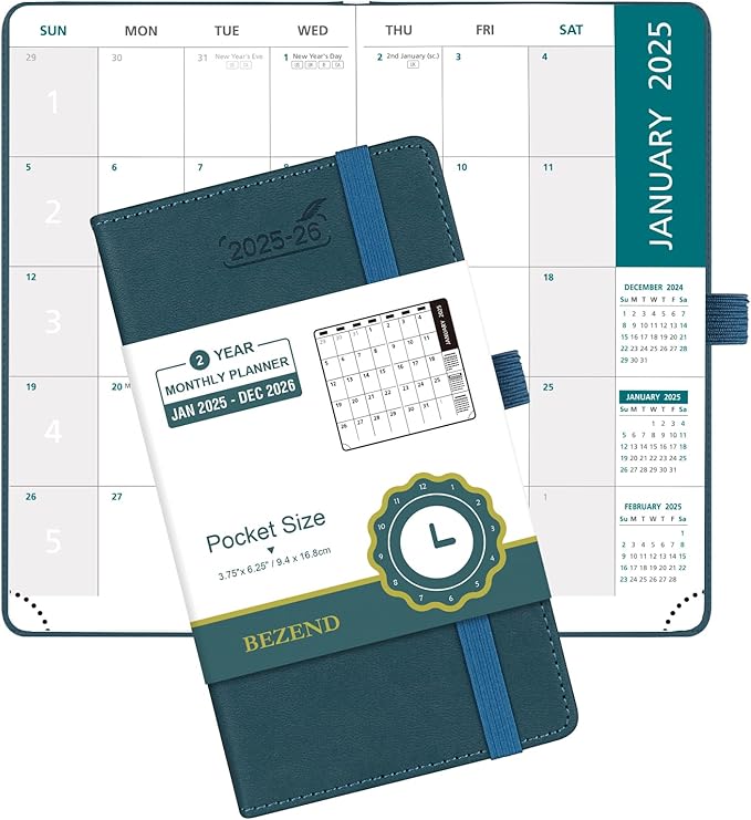 BEZEND 2 Year Pocket Calendar 2025-2026 - Small Monthly Planner for Purse 6.5" x 3.5", Runs Jan 2025 to Dec 2026, 100 GSM Paper, Pen Loop & Notes, PU Leather Hardcover in Dark Green