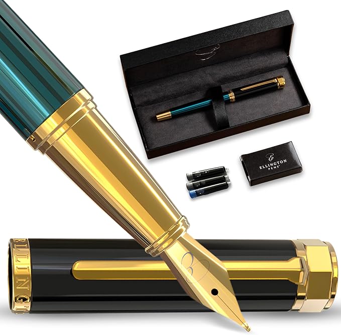 Luxury Fountain Pen Set- Fountain Pens for Writing - Smooth Medium Nib - Includes Refillable Ink Converter, 3 Ink Cartridges [Black & Blue], Gift Box - Elegant Calligraphy