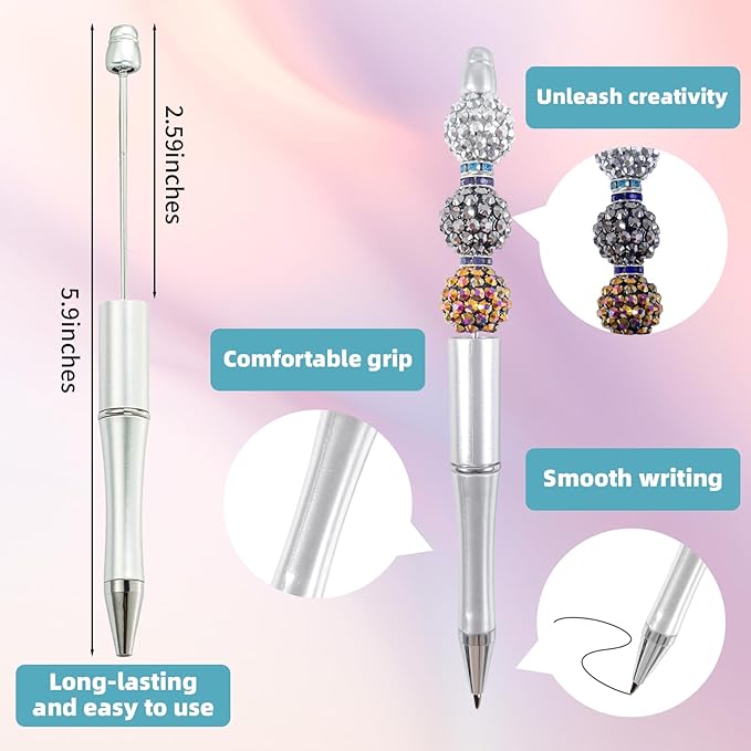 15 Pieces Beadable Pens - Beaded Pens Plastic Diy Black Ink Ballpoint Pens Bulk - Bead Pens Suitable For Teacher, Students, Office, School, Graduation Gift Supplies（Silver）