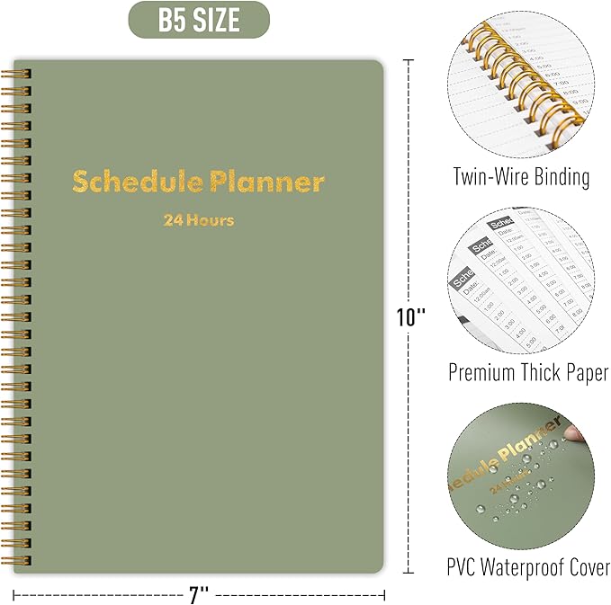 Daily Planner 24 Hourly Schedule from 12am - 12pm, Undated Hourly Planner with To-Do List, Priorites, 7" x 10", Organize Your Tasks and Appointments for Office, School, and Home - Green