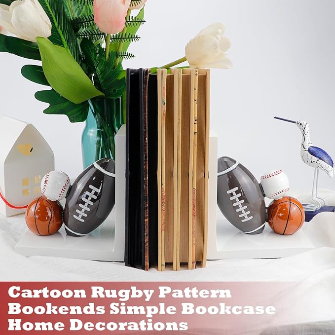 Resin Bookend Football Basketball Book Stopper Heavy Duty Bookend Modern Geometric Design for Home Library Office School Book Display