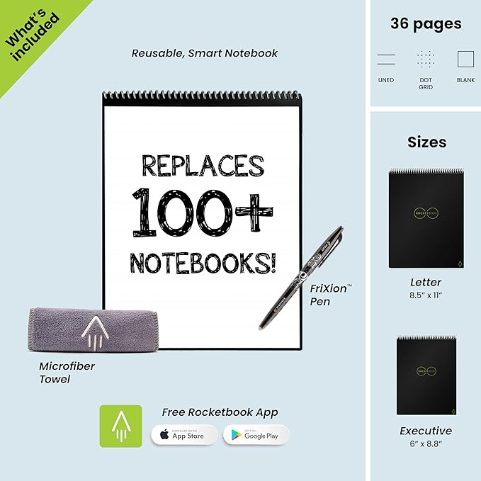 Rocketbook Flip Reusable Smart Notepad | Eco-Friendly, Digitally Connected Notebook for Ambidextrous Writers | Dotted & Lined Combo, 8.5” x 11”, 32 PG, Teal, with Pen, Cloth, and App Included