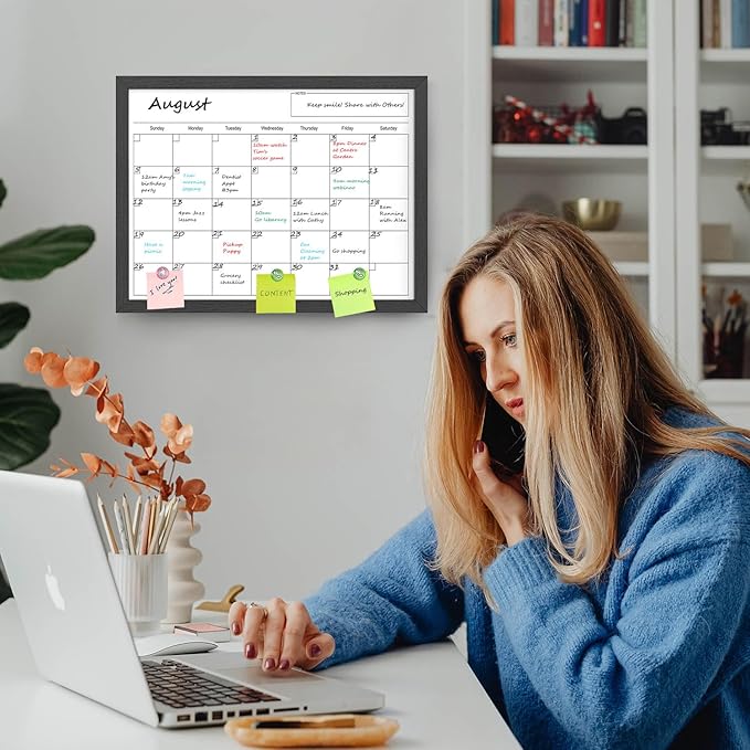 Dry Erase Calendar for Wall, 17x13 Inches Calendar Whiteboard for Wall, Small Magnetic White Board with Wood Frame, Hanging Dry Erase Board for Wall Planner Office Kitchen Home Memo