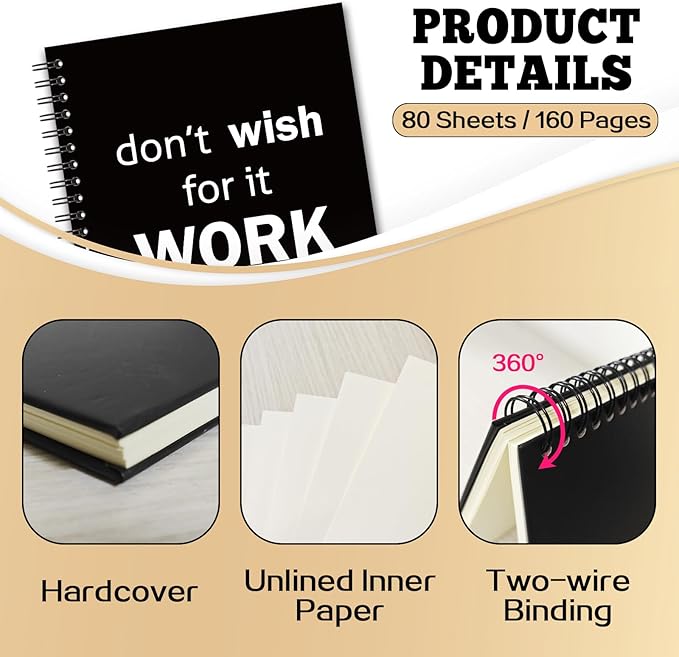 YAZMEEN Inspirational Blank Spiral Notebook（160 Pages） Don't Wish for It Work for It Hardcover Sketchbook Office Encouragement Gift Funny Notebook Gift for Women Men Teen Teacher Coworker Boss Friend