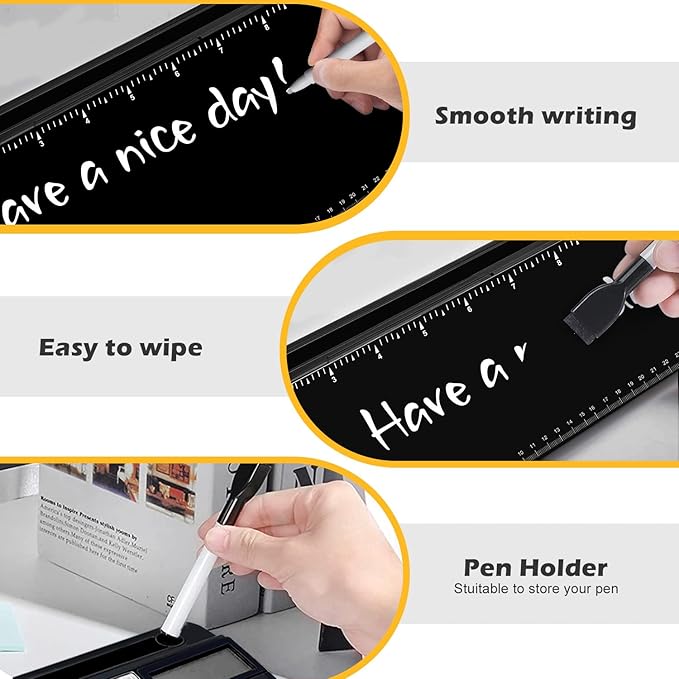 Desktop Glass Whiteboard with Mirror & Calculator(12 Digit LCD Display) & Ruler Marker,Tilted Computer Keyboard Stand with Dry Erase Board Surface, Desk Organizers with Accessories,Black