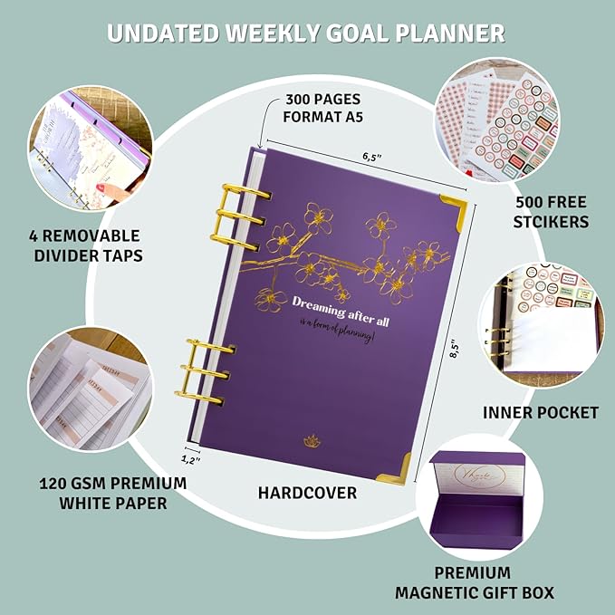 Bossy Girl Journey - Goal Planner Undated Weekly and Monthly Journal - Habit And Budget tracker - A5 Size Format To Beat Procrastination, Stay More Focused and motivated & Ebook with tips. (Violet)
