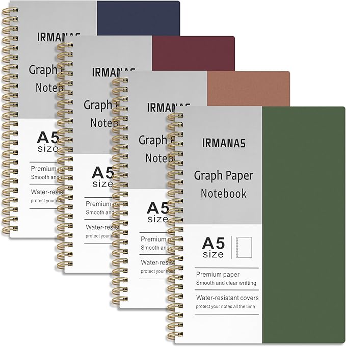 Graph Paper Notebook, 4 Pack Journal Spiral Graph Grid Notebooks 5.7" x 8.3", 640 Pages, Cute School Supplies Notebooks for Work, Aesthetic Gift Office Supplies for Study and Notes