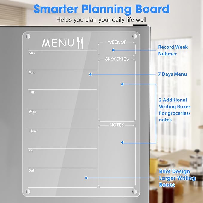 Acrylic Menu Board for Kitchen Weekly Meal Planner Magnetic Planning Board w/ 8 Markers, Clear Weekly Calendar for Fridge Refrigerator Dry Erase Board Noteboard to Do Grocery Shopping List, 12x9’’