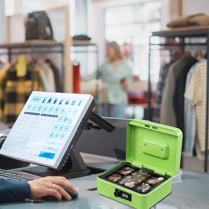 KYODOLED Cash Box with Combination Lock,Safe Metal Box for Money,Storage Lock Box with Money Tray,7.87"x 6.30"x 3.54" Limegreen Medium