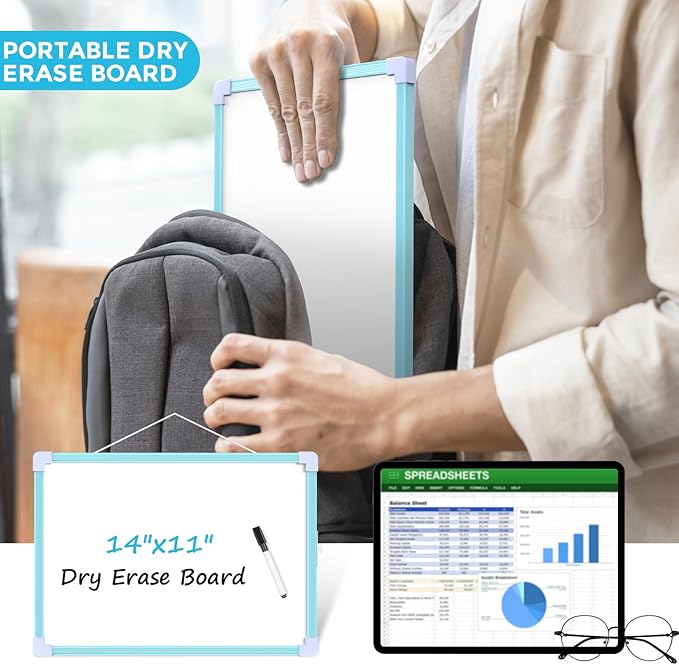MaxGear Blue Small Dry Erase Board, 11"x14" Double-Sided Hangable White Board with a Dry Erase Marker, Portable Whiteboard for Home School Office - Planning Writing Learning Drawing