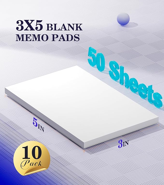 Small Note Pads 3x5 Pocket Notepad, 10 Pack Server Note Pads 3x5, White Memo Pads, Scratch Pads, Small Writing Pads White Paper, 50 Sheets per Blank Mini Notepads 3x5 Scratch Paper for Work/School