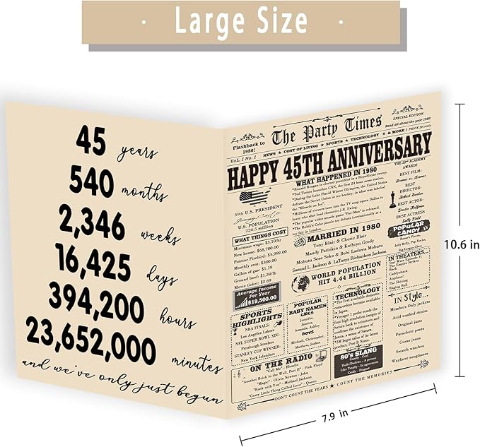 YiKaLus Big 45th Wedding Anniversary Card for Husband Wife, Funny Sapphire Gifts for 45th Anniversary, Vintage 45 Years Anniversary Card for Dad Mom