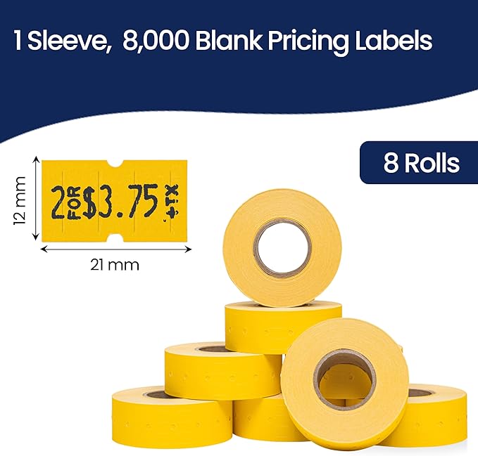 Perco 1 Line Yellow Labels - 8 Rolls, 1 Sleeve, 8,000 Blank Price and Date Gun Labels for Perco 1 Line Price and Date Guns - Made in USA