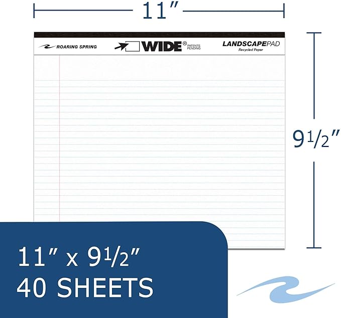 Roaring Spring Case of 48 of Landscape Note Pads, 11"x9.5", 40 sheets of Heavyweight 20# Recycled White Paper, College Ruled W/Margin, Micro-Perforated