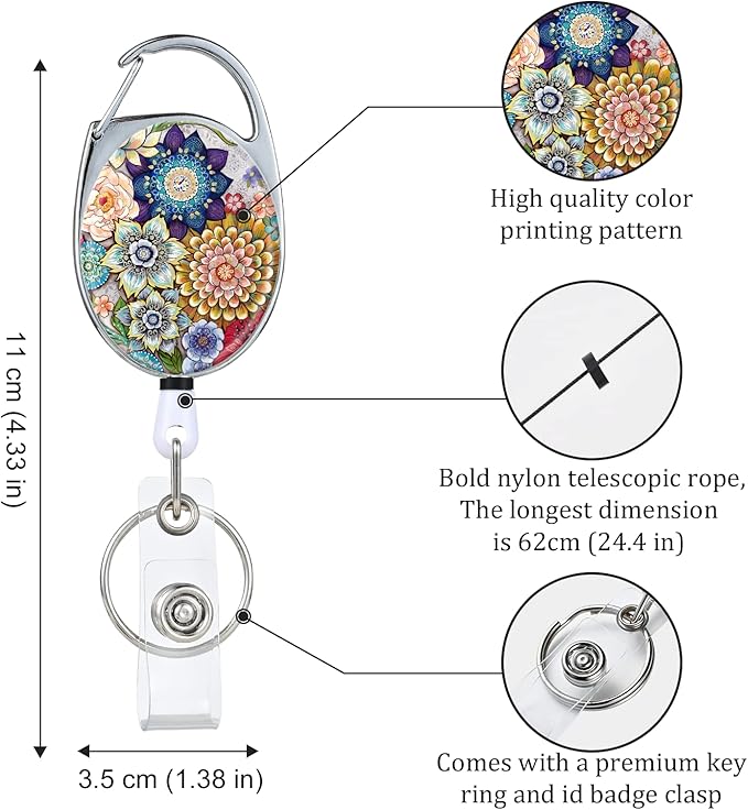 Datura Flowers Badge Reels - Retractable Double Sided Color Print Pattern Holders with Keychain, Clip and Key Ring - Durable Nylon Rope