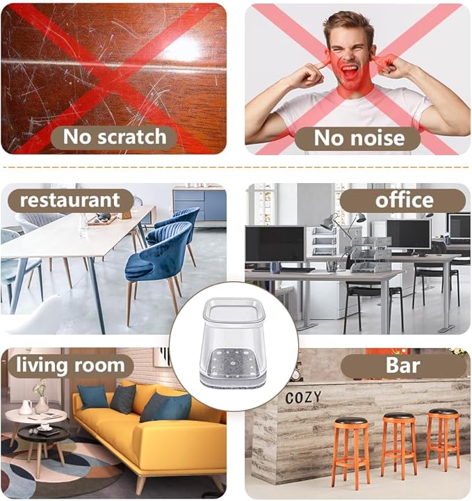 BUMACO Chair Leg Floor Protectors Square Chair Leg Protectors for Hardwood Floors Silicone Pads Covers to Protect Floors(Clear-20 Pcs, Square S (3/4" ~ 1")