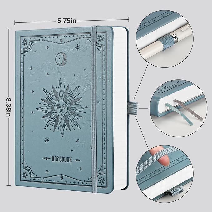 EMSHOI Bullet Dotted Journal Notebook - 320 Pages, 100gsm Thick Paper, A5 Hardcover Leather, Dot Grid Notebook for Women Men Work Writing, Bullet Journaling, Drawing, 5.75 x 8.38, GrayBlue