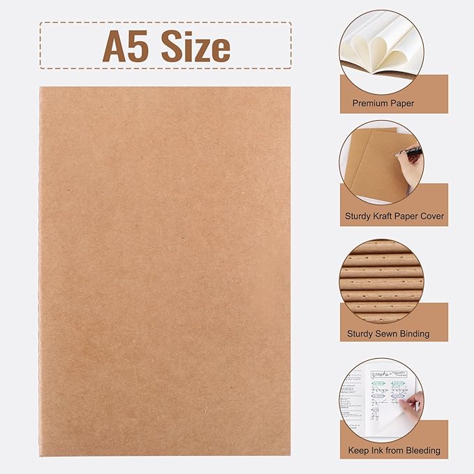 EOOUT 100pcs A5 Blank Kraft Notebooks, Journals in Bulk, Sketchbooks Bulk for Kids, 60 Pages, 80GSM, 8.3 X 5.5 Inch, Travel Journal Set, Travelers, Students and Office