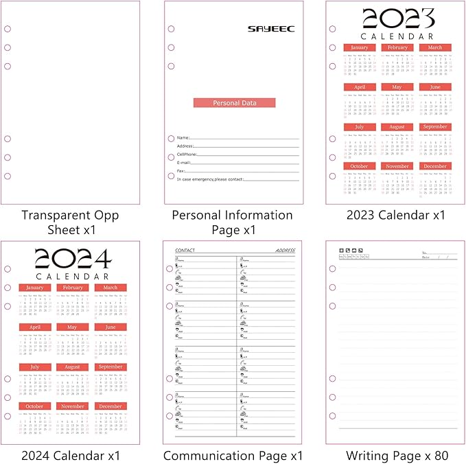 SAYEEC A5 Refill Paper Loose Leaf Lined Paper for A5 Planner Organizer 6 Holes Ring Binder Planner for Journals Notebooks Diaries Inserts, 80 Sheets