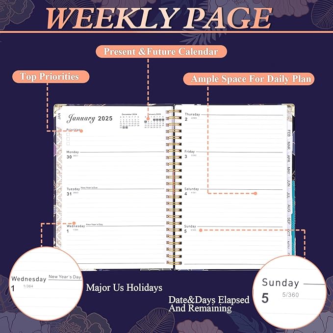 2025 Planner - 2025 Planner Weekly and Monthly, Jan.2025 - Dec.2025, Hardcover 2025 Planner Monthly with Tabs, 6.2" x 8.5", Strong Twin-Wire, Back Pocket