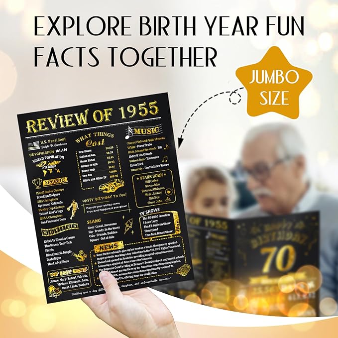 70th Birthday Card for Women Men, Jumbo 3D Pop Up 70th Bday Card for Mom Dad, Happy 70 Year Old Women Men Funny Birthday Gifts, Review of 1955, Black Gold