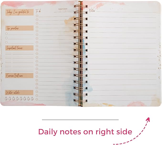 Undated Daily To Do Notebook - Planner Notepad List 6.5x8.5" Cute Colorful Design- Laminated Hard Cover & Rose Gold Spiral Binding- 302 Pages- Daily Task & Lined Notes Pages