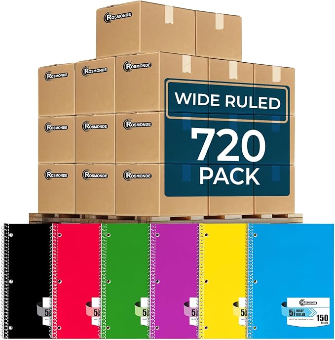 720 Packs (Pallet) 5 Subject Notebooks, Spiral Notebook Bulk, Wide Ruled, Pallet of Notebooks, 150 Sheets (300 pages), 8 x 10-1/2", Bulk Spiral Notebooks for School & Office, 4-7 Days Transit