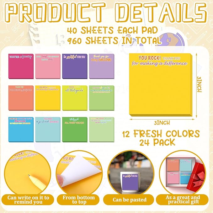 Yinder 24 Pcs Employee Appreciation Sticky Notes Thank You Gifts Bulk Note Pads with Sayings Teacher Gift Mini Pocket Inspirational Notepads for Coworker Office Supply 3 x 3''(Multicolor,Thanks)