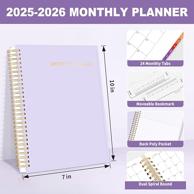 SUNEE 2025-2026 Monthly Planner - 24 Months (Jan 2025 - Dec 2026) Monthly Planner - 7"x10" Monthly Spreads & Yearly Planner, Purple